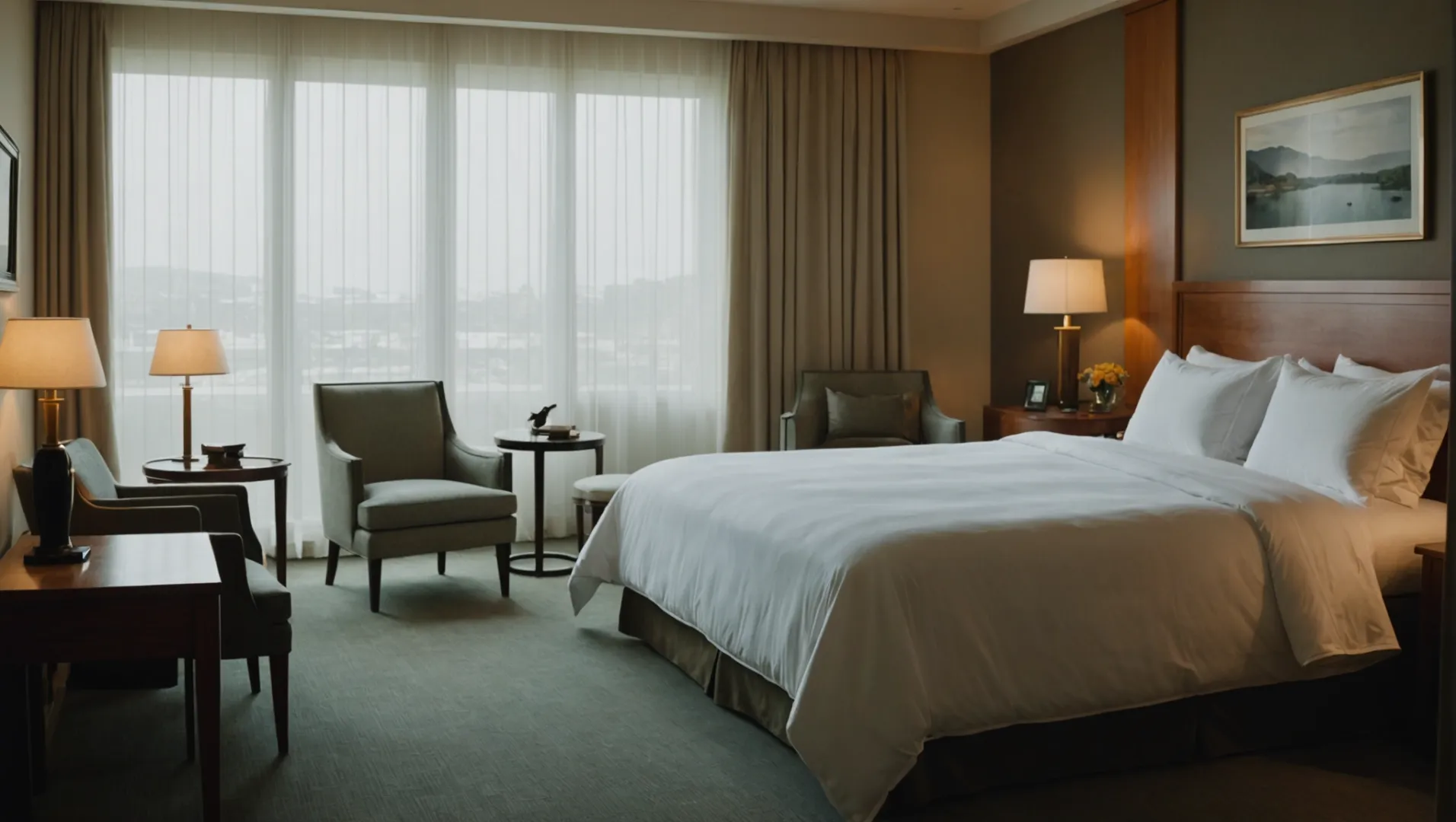 Phòng ngủ gọn gàng, ánh sáng dịu nhẹ vào buổi tối